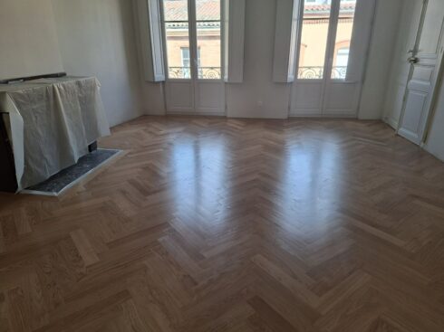 Salon en cours de finition, cheminée protégée