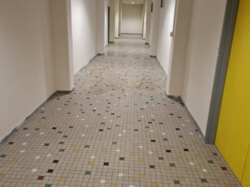 Couloir terminé, murs blancs et portes colorées